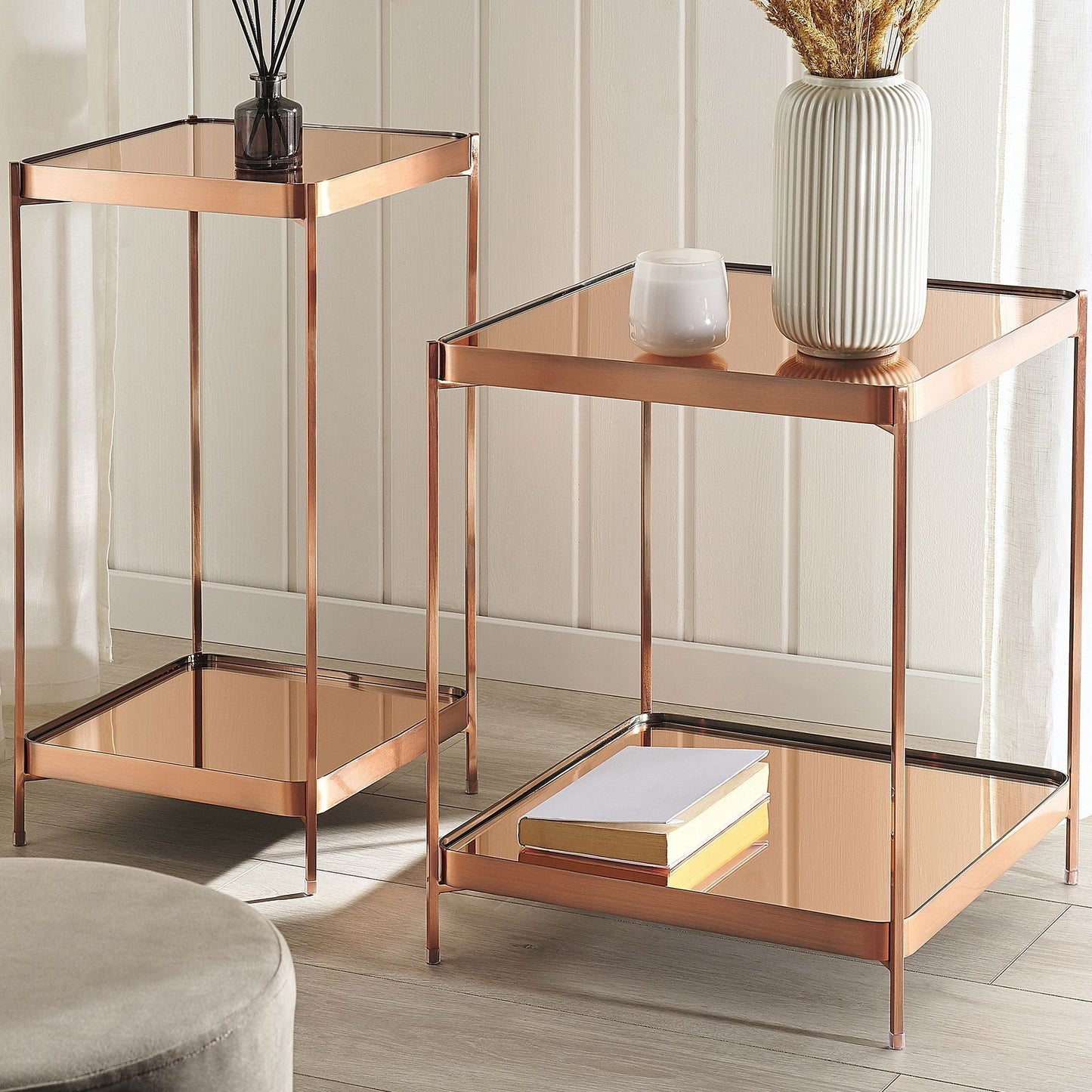 Side Table Copper Tempered Glass Top With Shelf Durable Metal Legs 29 x 29cm