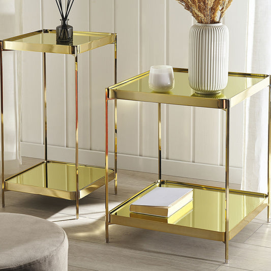 Side Table 29 x 29cm Gold Tempered Glass Top Shelf