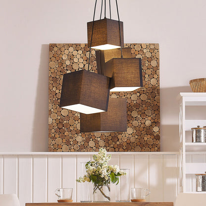 5-Light Cluster Pendant In Black With Square Fabric Shades Adjustable Height