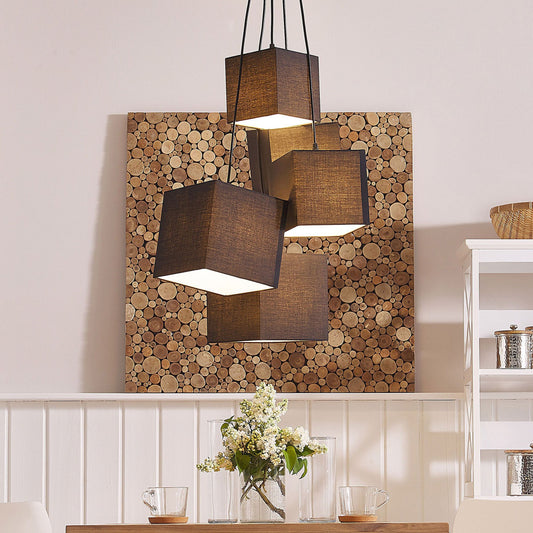 5-Light Cluster Pendant In Black With Square Fabric Shades Adjustable Height