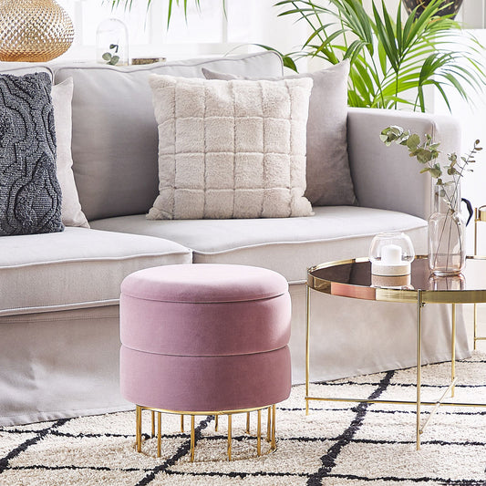 Pink Velvet Storage Pouffe With Gold Base