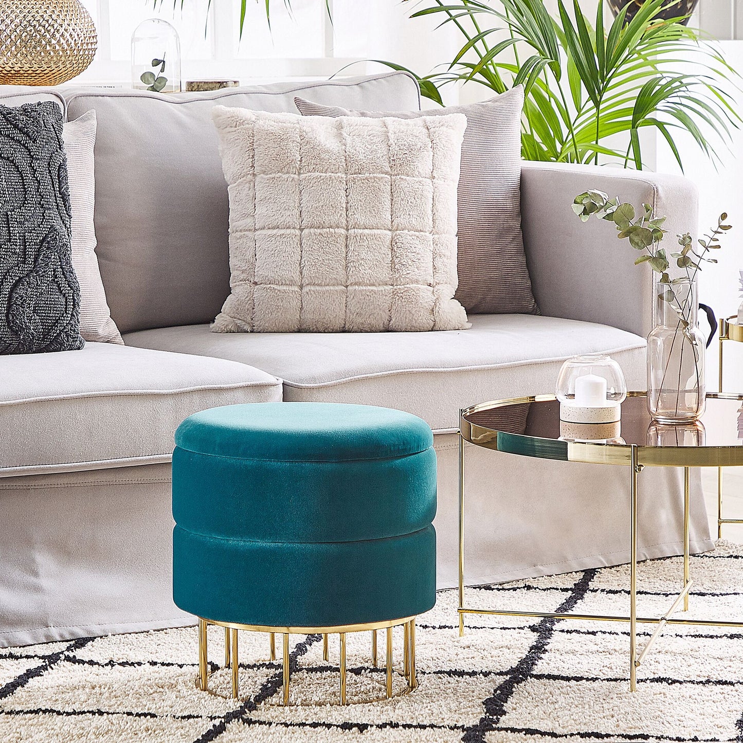 Home Teal Velvet Storage Pouffe With Gold Base
