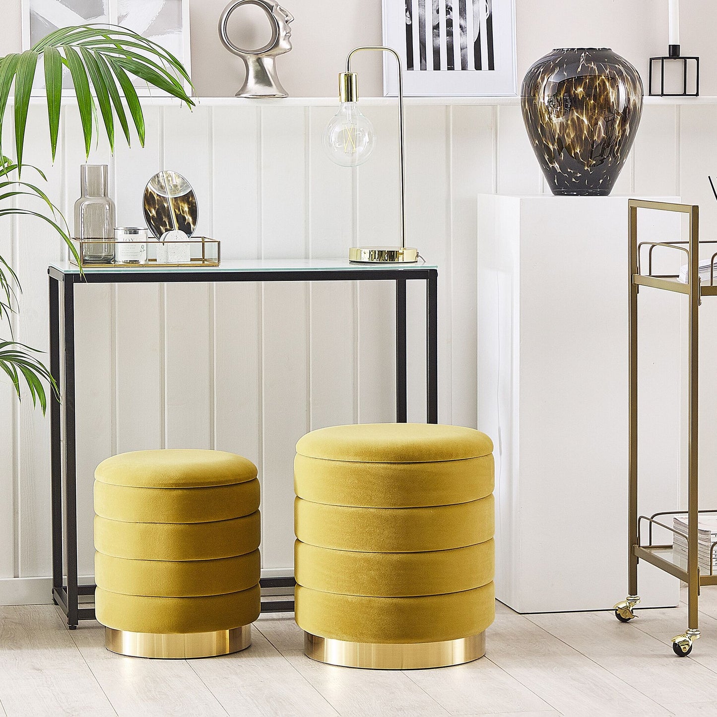 Yellow Storage Pouffes Set With Gold Stainless Steel Base