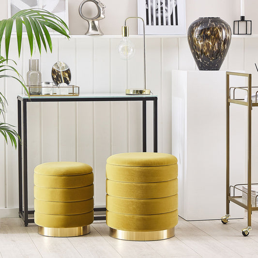 Yellow Storage Pouffes Set With Gold Stainless Steel Base