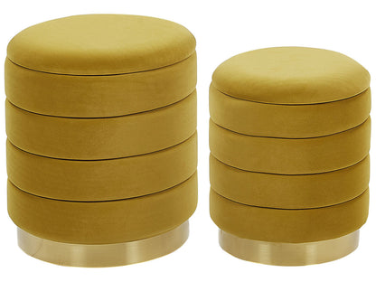 Yellow Storage Pouffes Set With Gold Stainless Steel Base