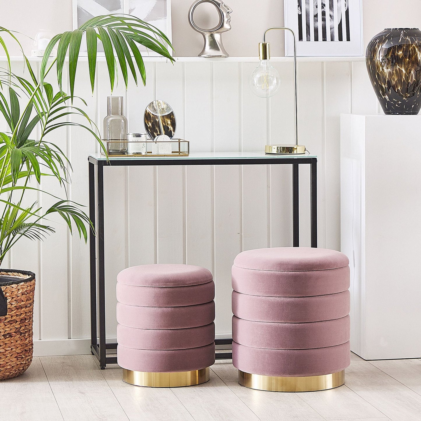 Set Of 2 Storage Pouffes Yellow Velvet With Gold Base