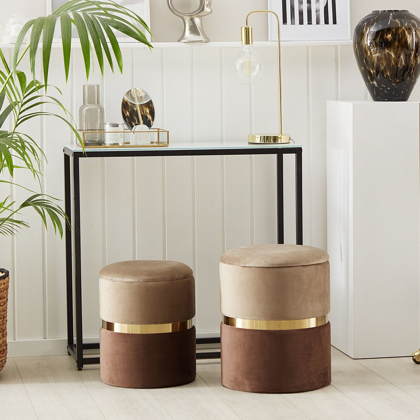 Set Of 2 Brown Velvet Storage Pouffes With Gold Bar Detail