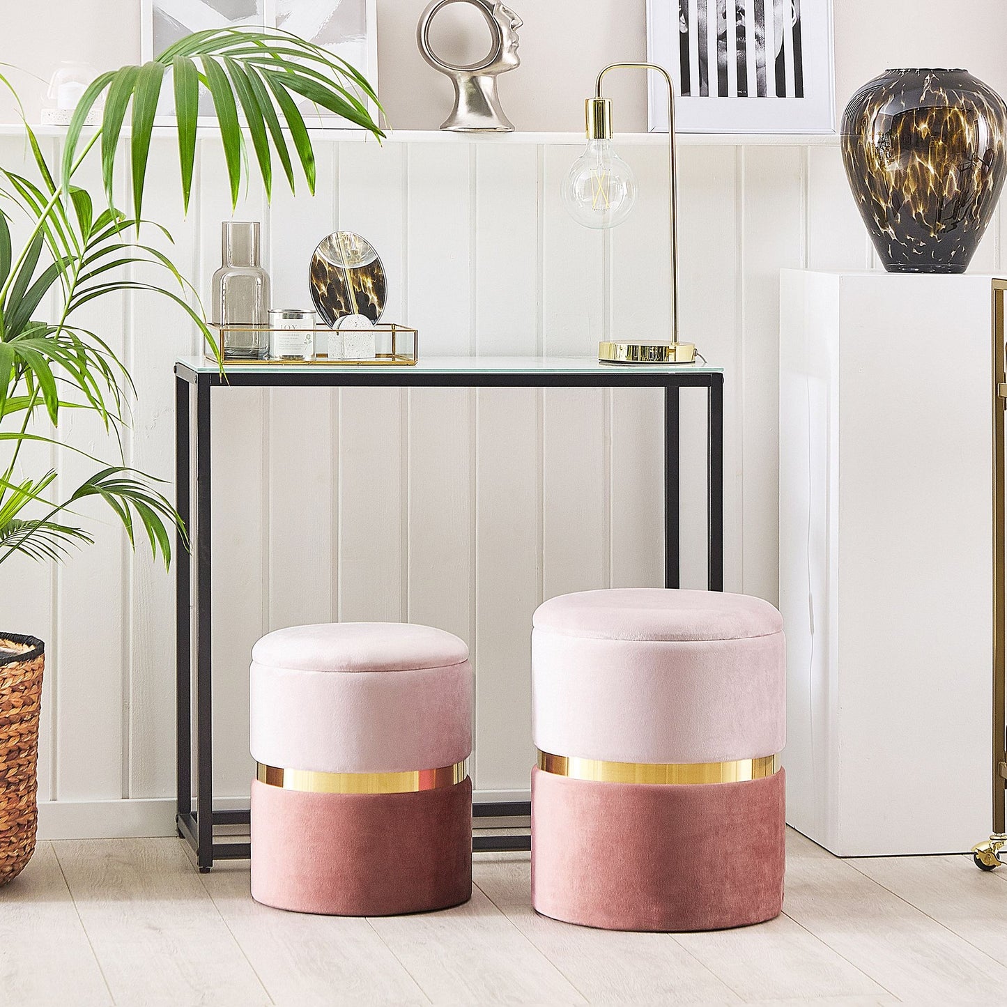 Pink Velvet Storage Pouffes Set of 2 with Gold Bar Retro