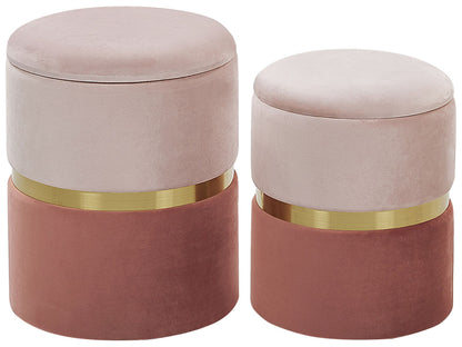 Pink Velvet Storage Pouffes Set of 2 with Gold Bar Retro