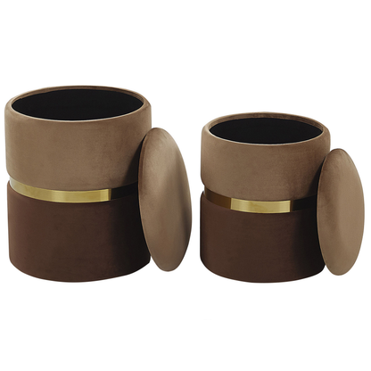 Set Of 2 Brown Velvet Storage Pouffes With Gold Bar Detail