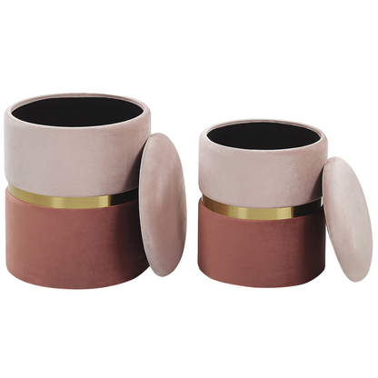 Pink Velvet Storage Pouffes Set of 2 with Gold Bar Retro