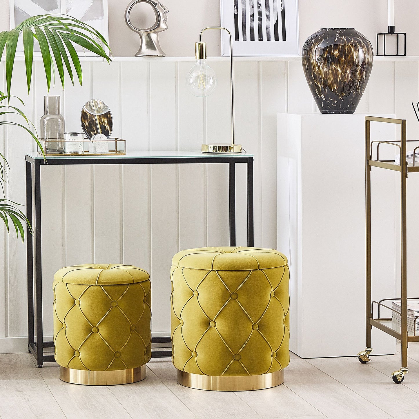 Mustard Velvet Storage Pouffes Gold Base Retro Button Tufted
