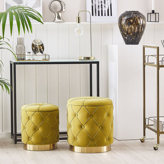 Mustard Velvet Storage Pouffes Gold Base Retro Button Tufted