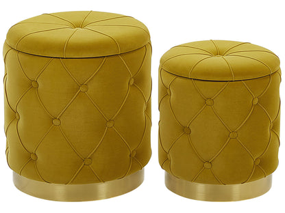 Mustard Velvet Storage Pouffes Gold Base Retro Button Tufted