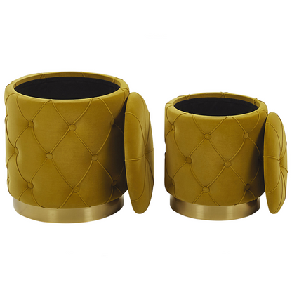 Mustard Velvet Storage Pouffes Gold Base Retro Button Tufted