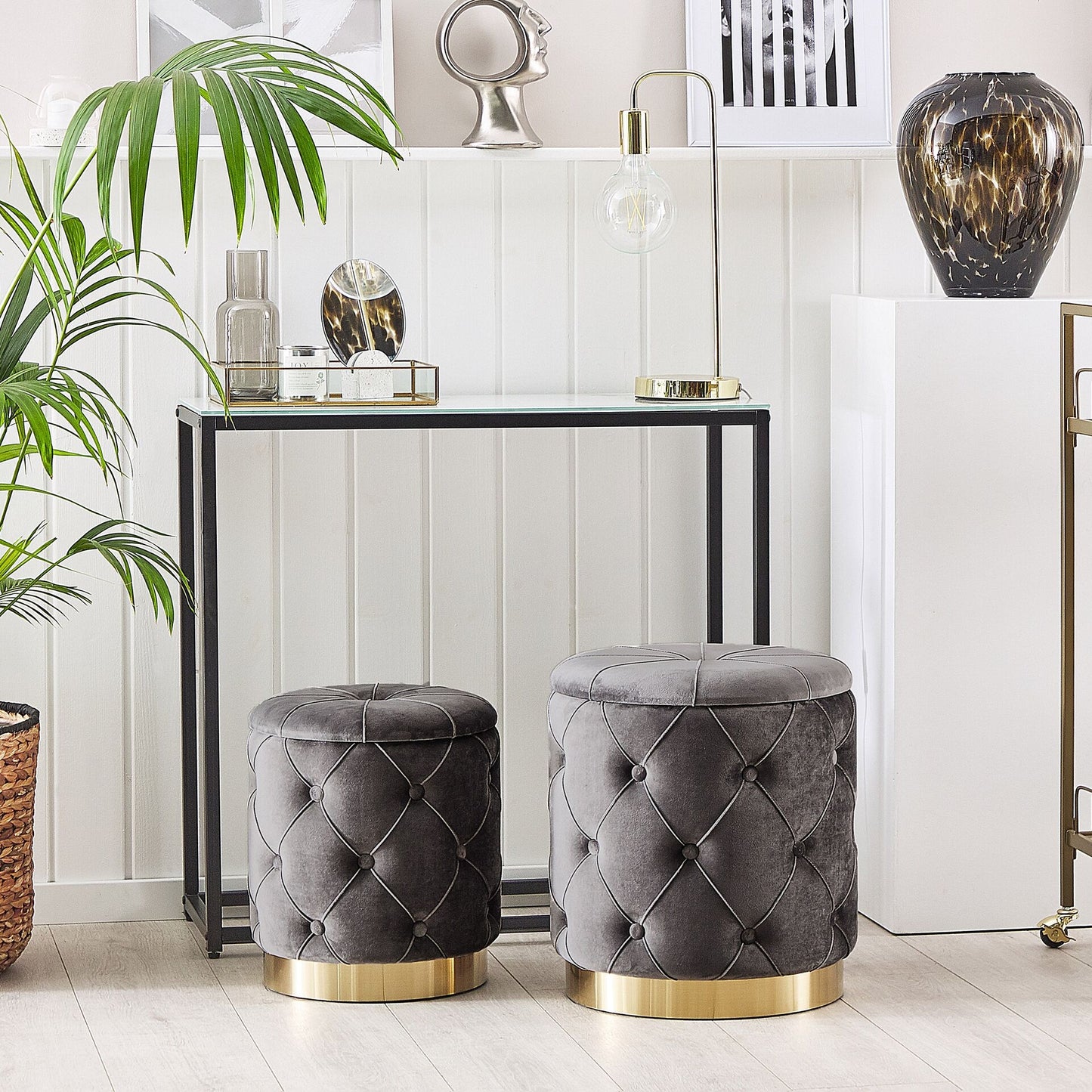 Grey Velvet Storage Pouffes With Gold Base Button Tufted