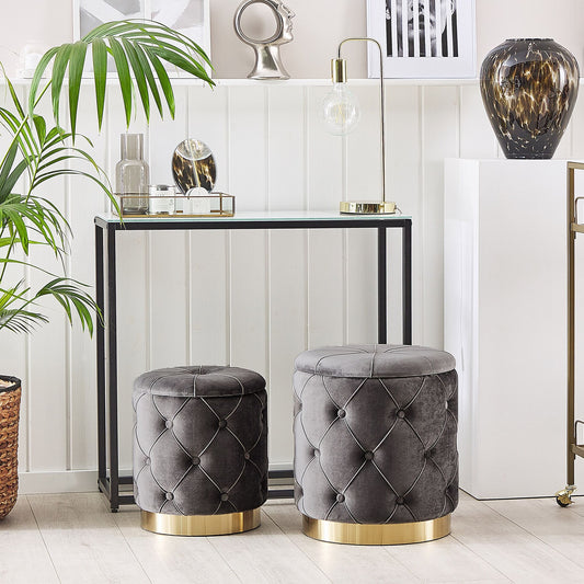 Grey Velvet Storage Pouffes With Gold Base Button Tufted