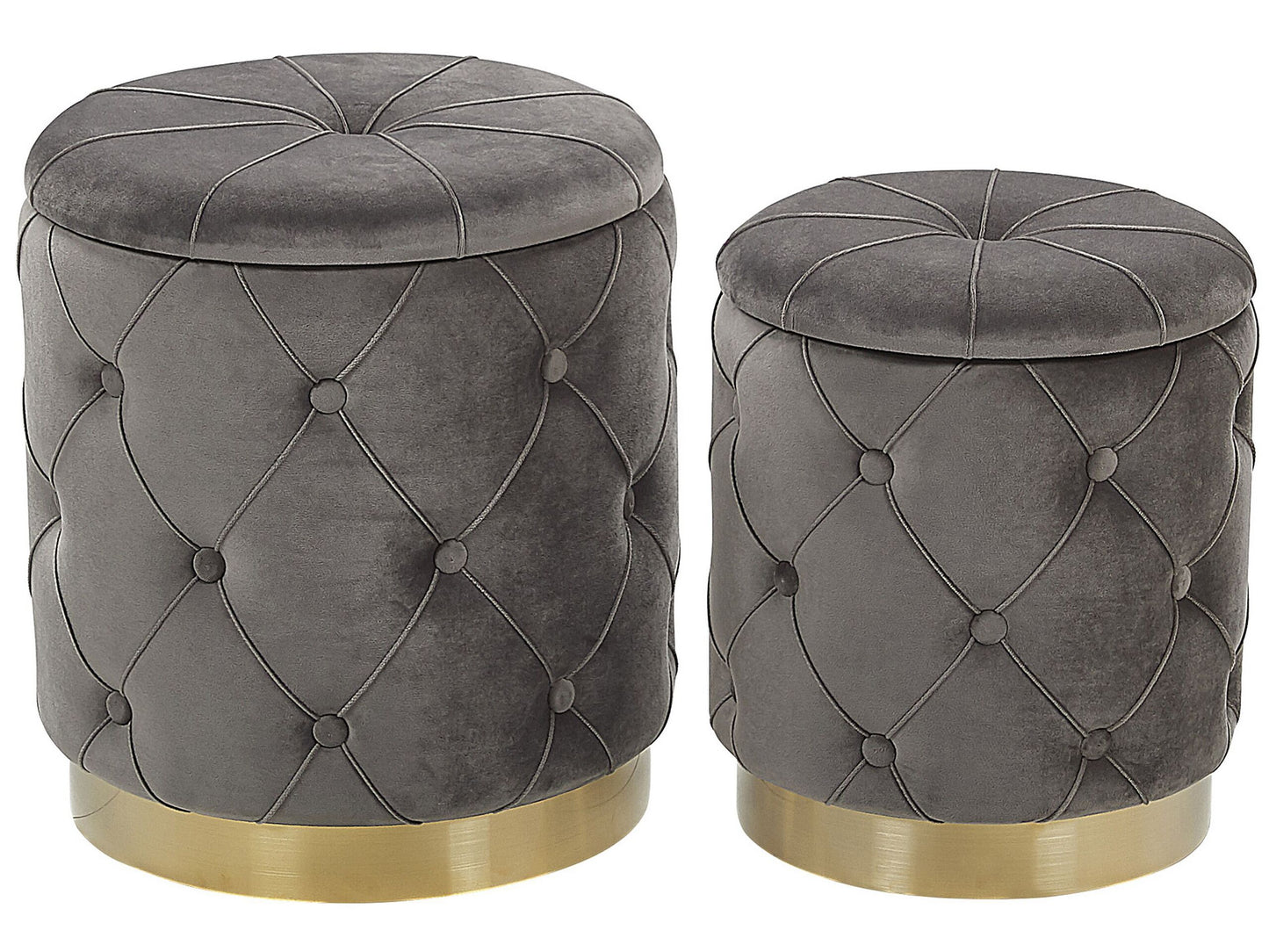 Grey Velvet Storage Pouffes With Gold Base Button Tufted