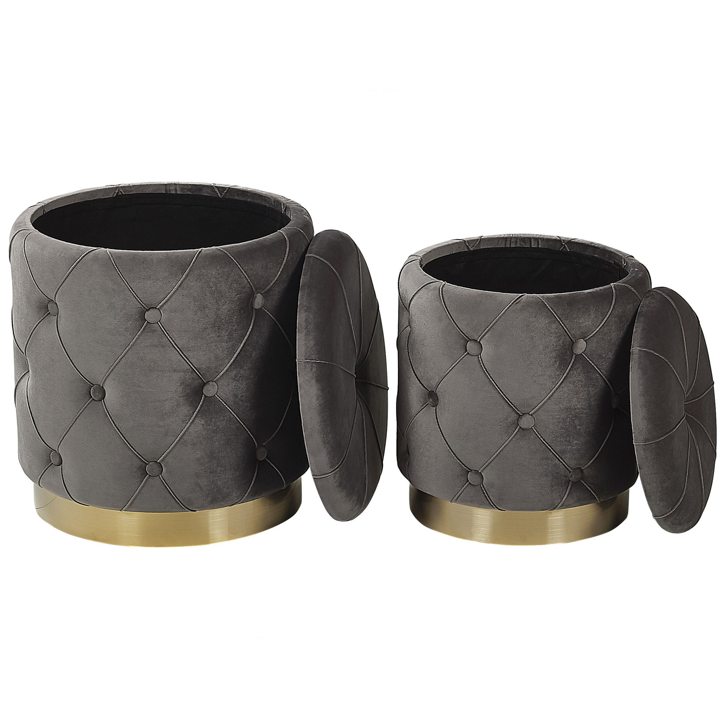Grey Velvet Storage Pouffes With Gold Base Button Tufted