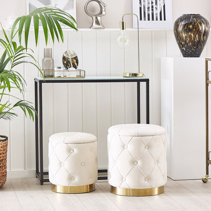 Velvet Storage Pouffes White With Gold Base Button Tufted