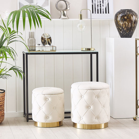 Velvet Storage Pouffes White With Gold Base Button Tufted