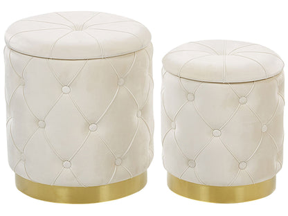 Velvet Storage Pouffes White With Gold Base Button Tufted