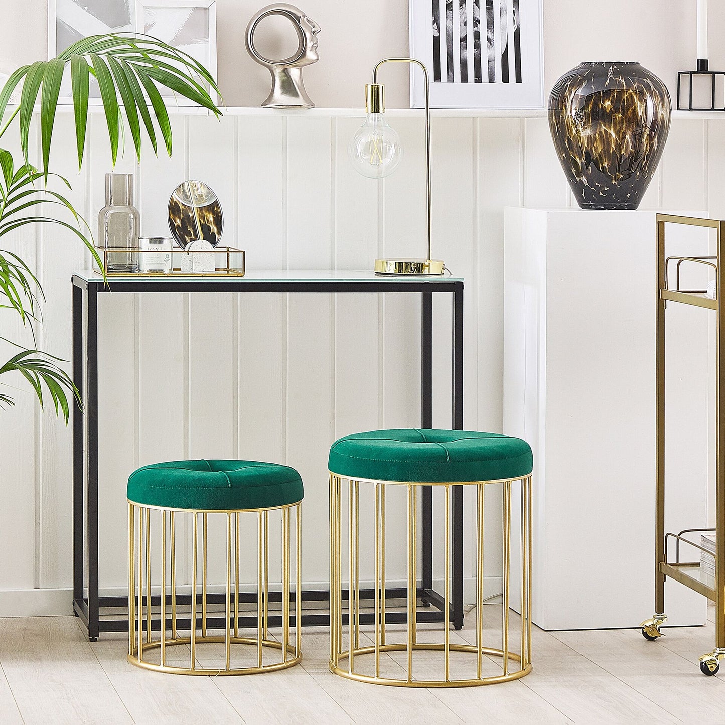 Nesting Pouffes Set Of 2 Dark Green Velvet Gold Iron Base