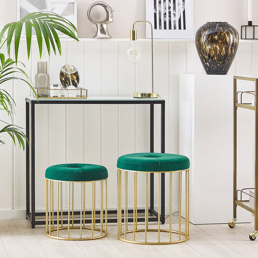 Nesting Pouffes Set Of 2 Dark Green Velvet Gold Iron Base