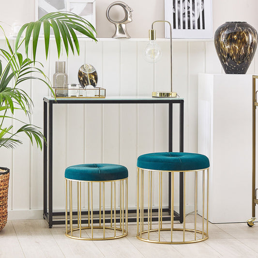 Teal Nesting Pouffes Set Of 2 With Golden Iron Base