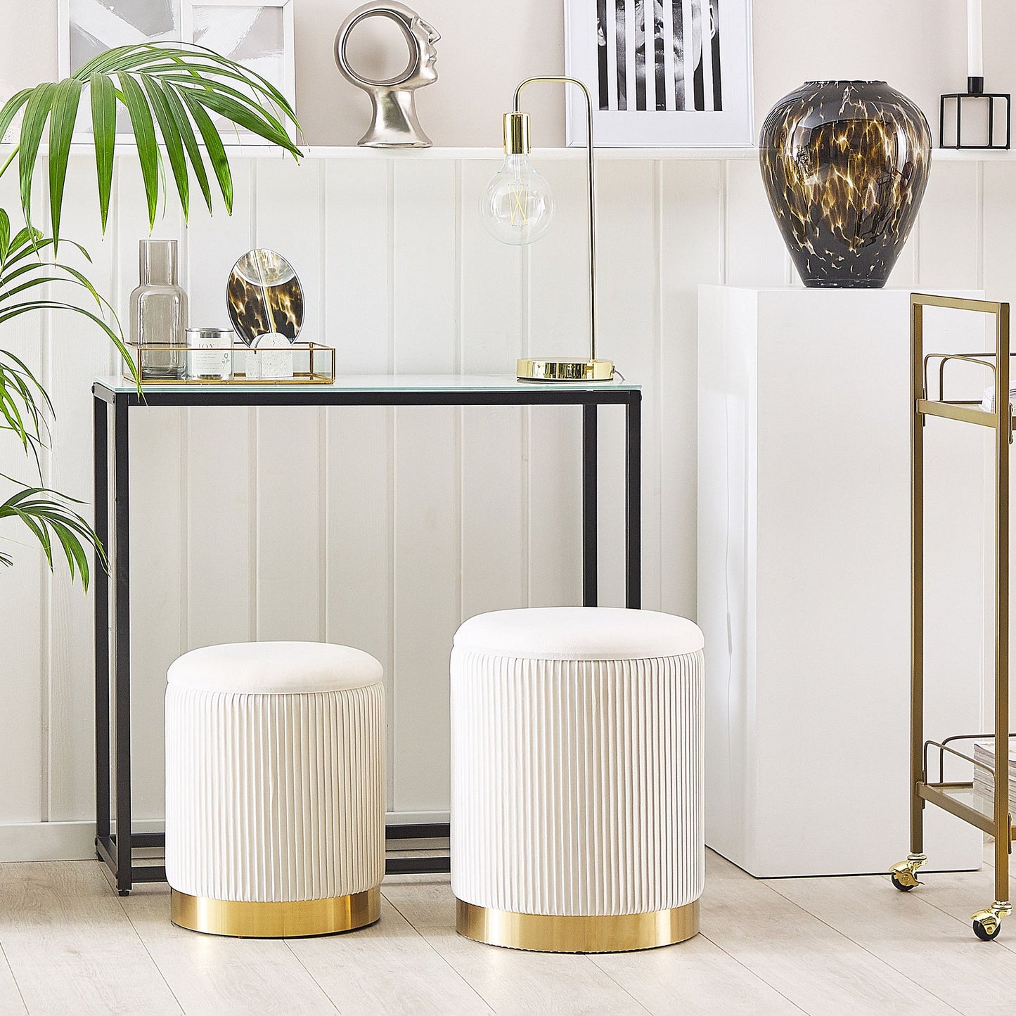 Storage Pouffes Set Of 2 White Velvet With Gold Base Modern Tufting Accent