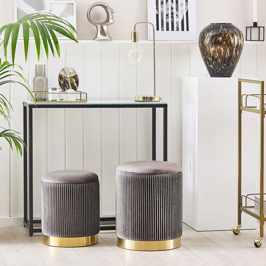 Set Of 2 Grey Storage Pouffes With Gold Base