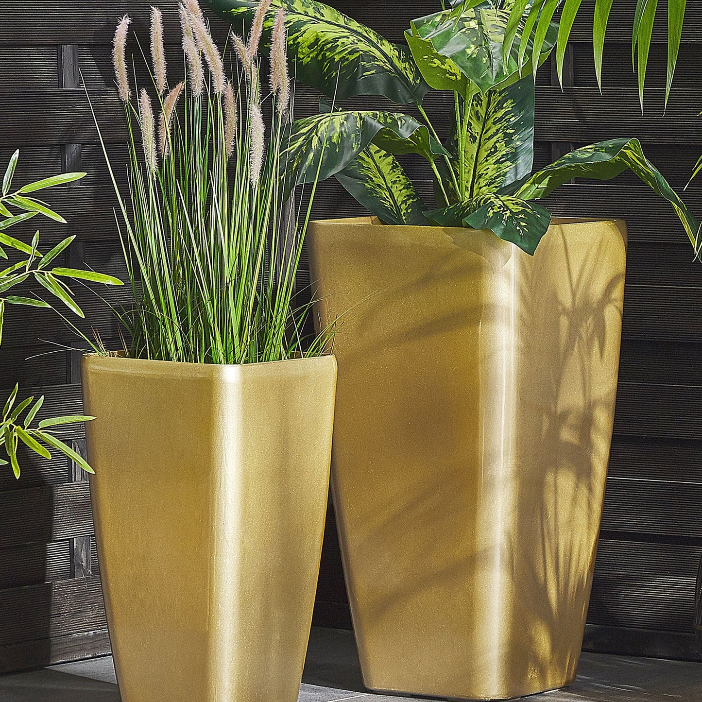Gold Stone Tall Plant Pot Planter 40 X 76cm All Weather Outdoor Square Reinforced Stone Mixture