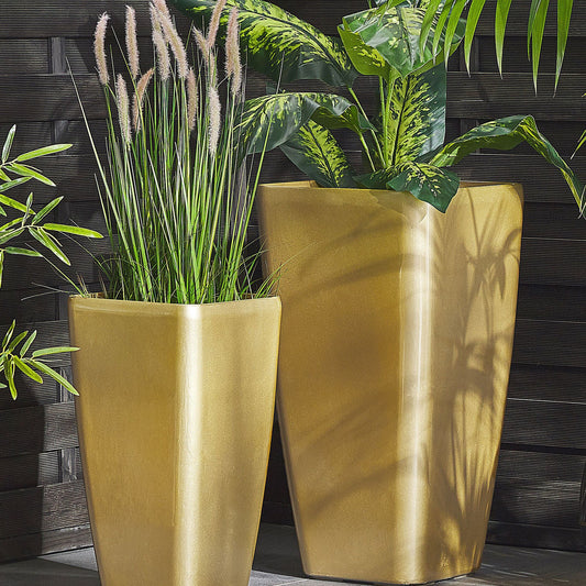 Gold Stone Tall Plant Pot Planter 40 X 76cm All Weather Outdoor Square Reinforced Stone Mixture