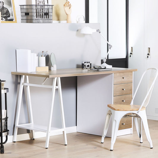 Home Office Computer Desk White Frame With Light Wood Top 140 x 60cm And Drawers