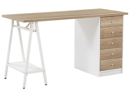 Home Office Computer Desk White Frame With Light Wood Top 140 x 60cm And Drawers