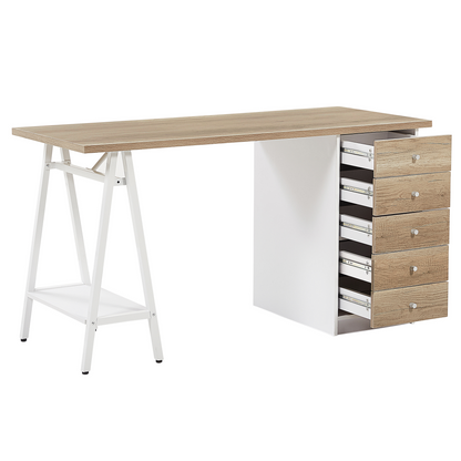 Home Office Computer Desk White Frame With Light Wood Top 140 x 60cm And Drawers