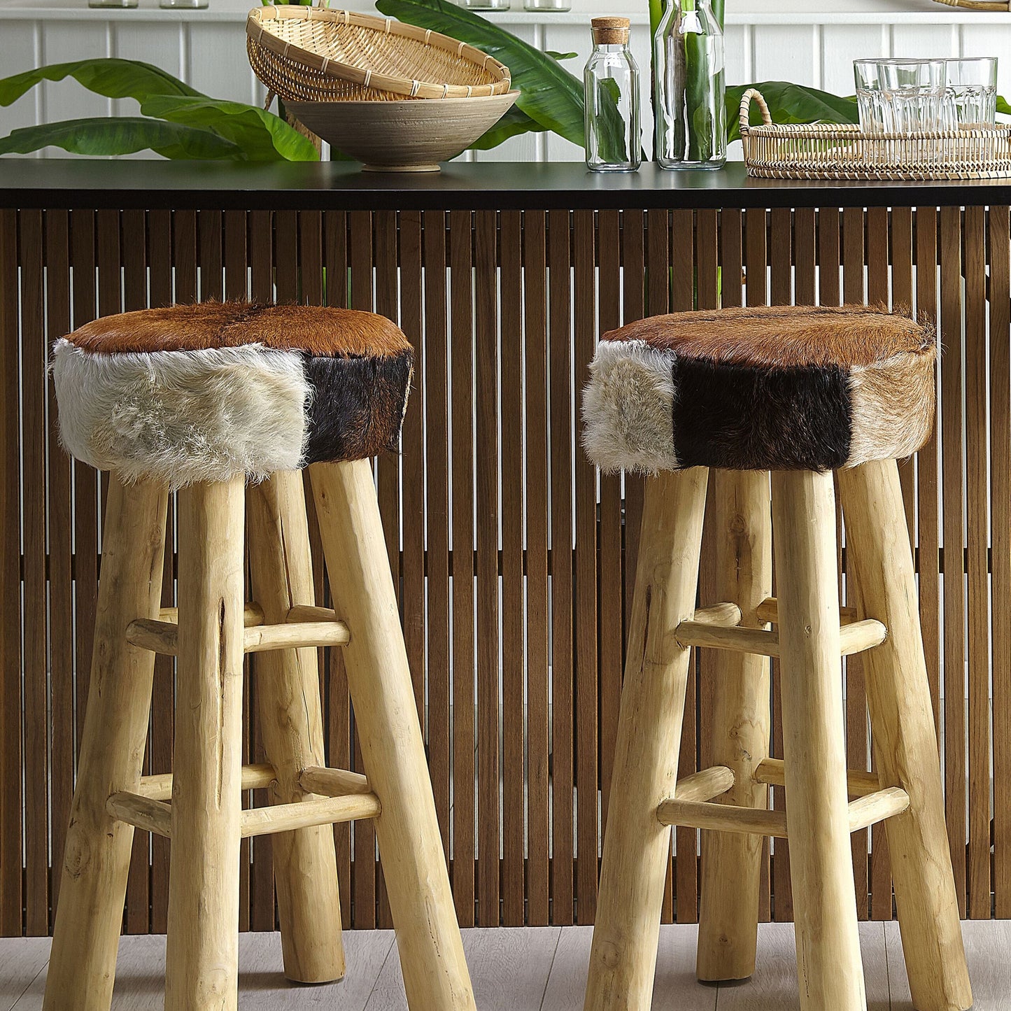 Heritage Bar Stool Lambskin Leather Teak Wood Legs Rustic Tall