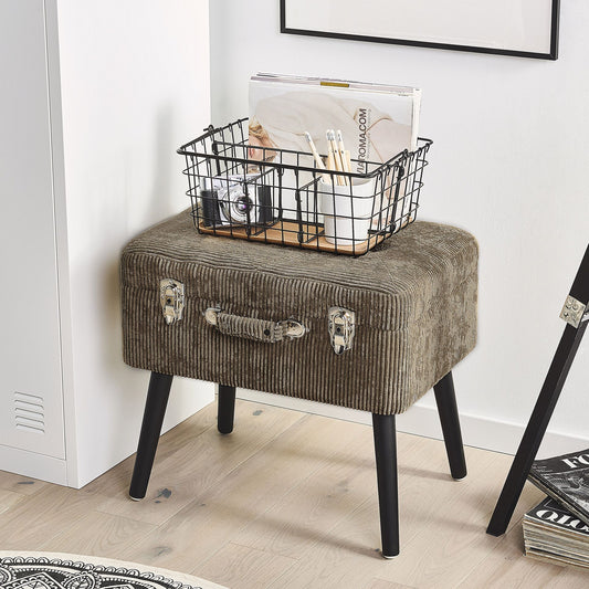 Timberline Stool With Storage Light Brown Corduroy Upholstery Black Legs Suitcase Design Buttoned Top