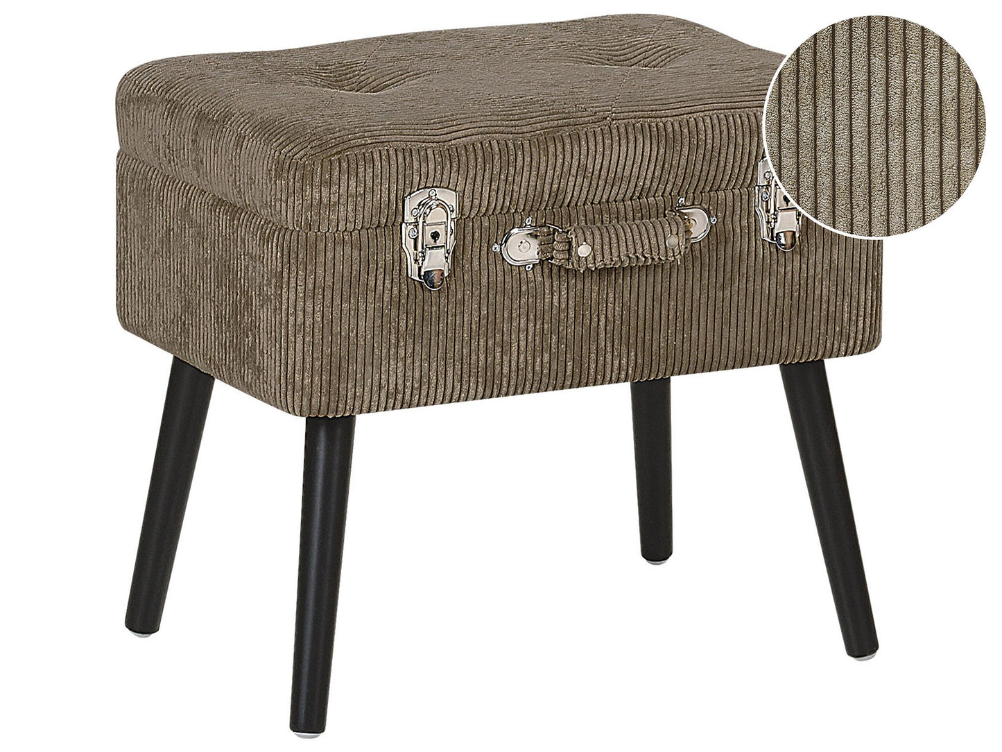 Timberline Stool With Storage Light Brown Corduroy Upholstery Black Legs Suitcase Design Buttoned Top