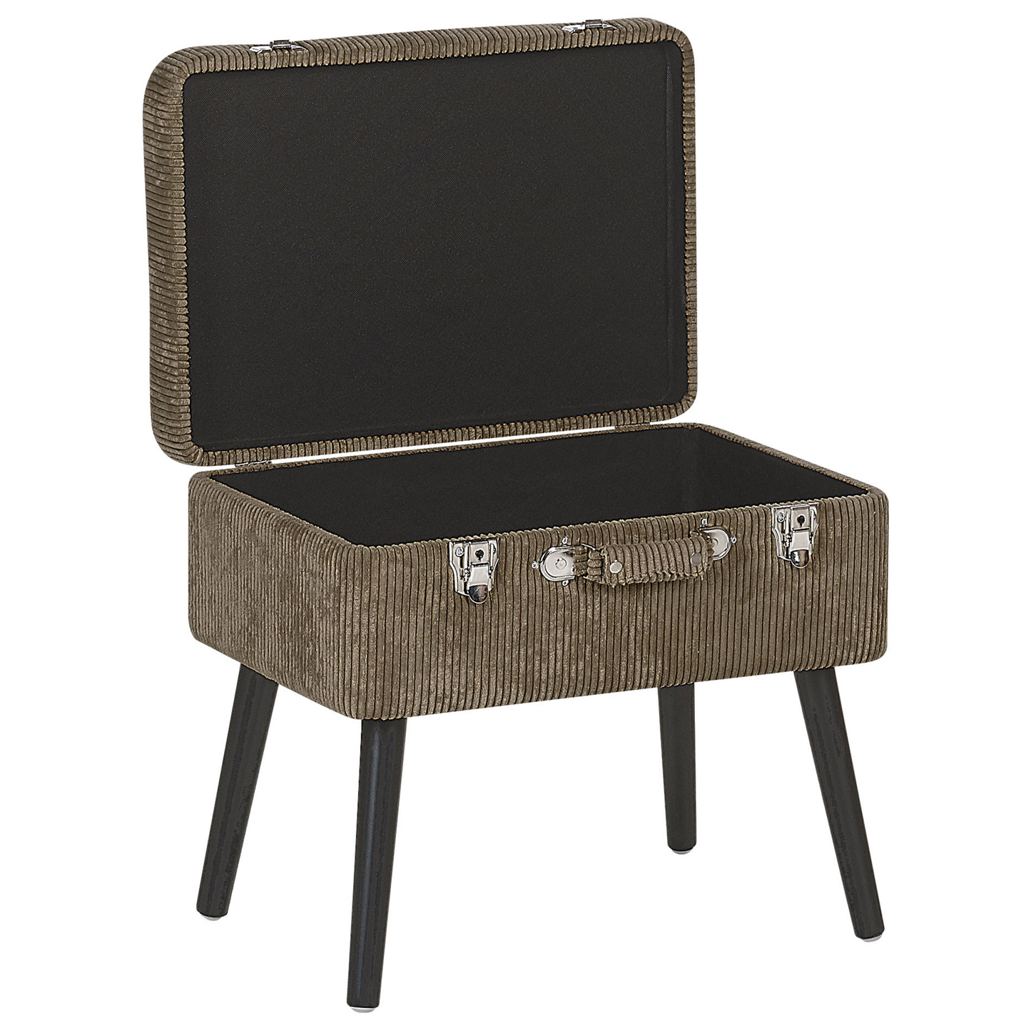 Timberline Stool With Storage Light Brown Corduroy Upholstery Black Legs Suitcase Design Buttoned Top