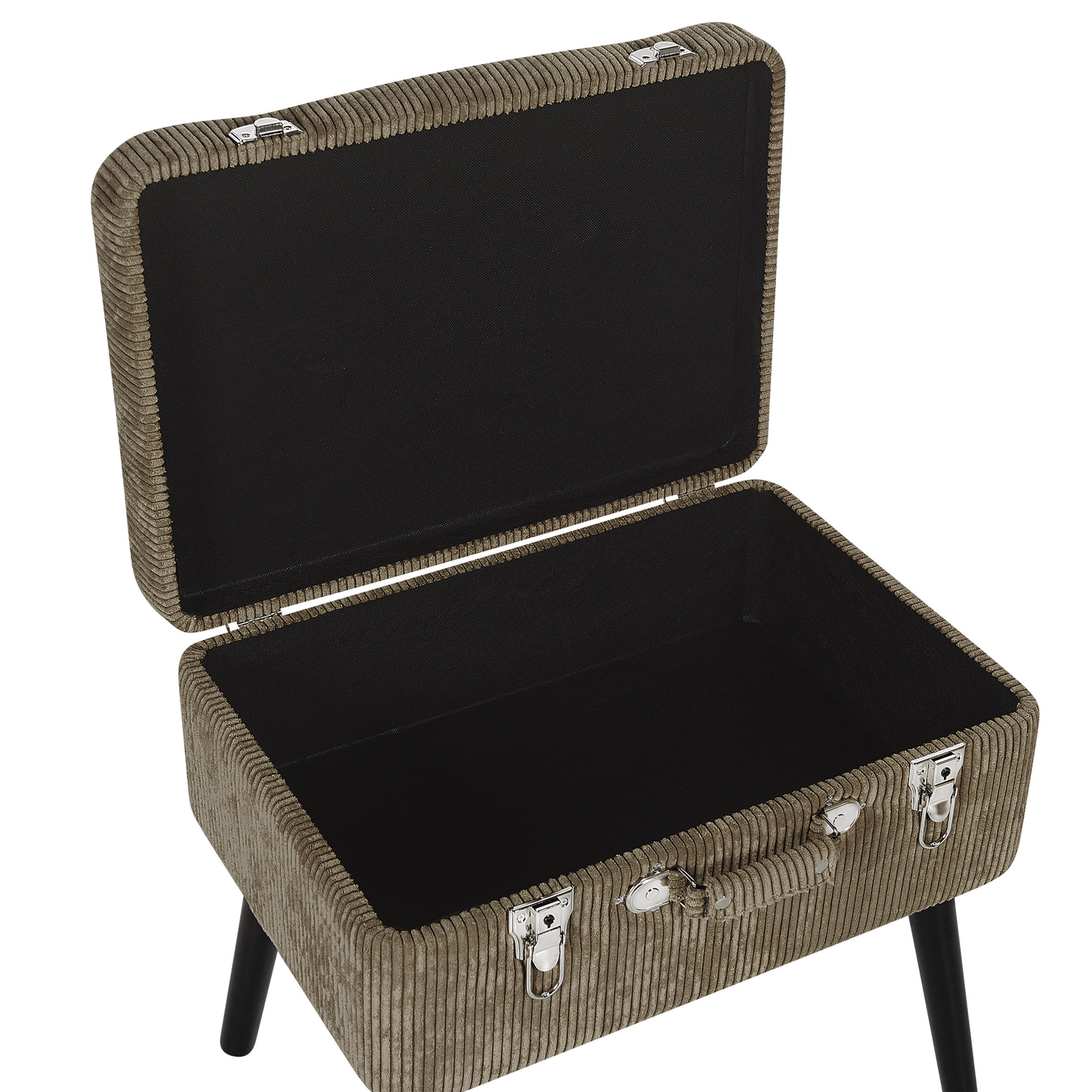 Timberline Stool With Storage Light Brown Corduroy Upholstery Black Legs Suitcase Design Buttoned Top
