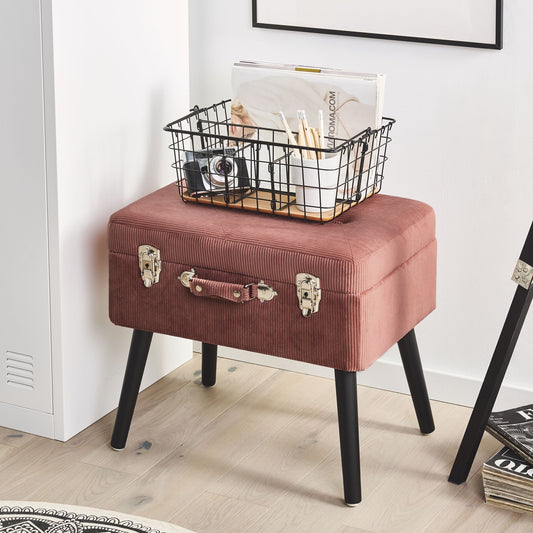 Pink Corduroy Storage Stool Suitcase Design Black Legs