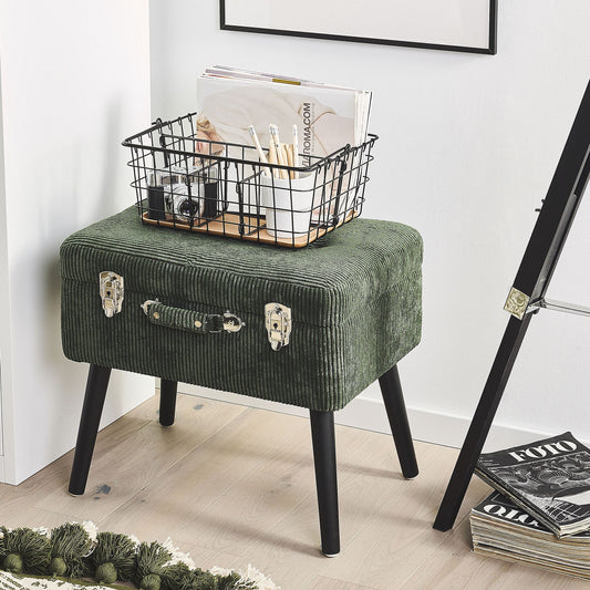 Dark Green Corduroy Storage Stool With Classic Suitcase Design And Buttoned Top
