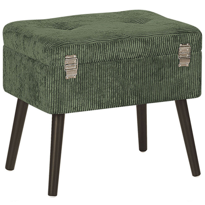 Dark Green Corduroy Storage Stool With Classic Suitcase Design And Buttoned Top