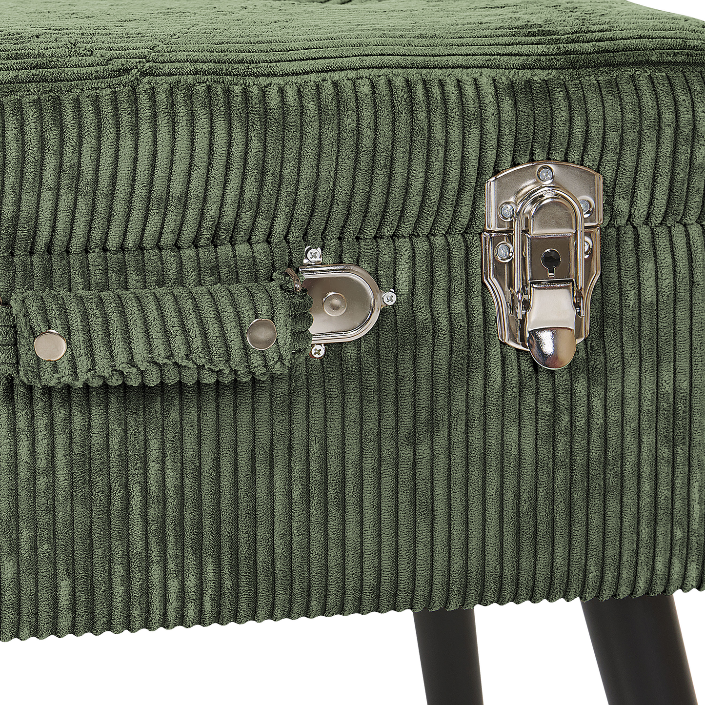 Dark Green Corduroy Storage Stool With Classic Suitcase Design And Buttoned Top