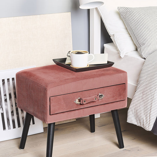 Side Table With Storage Pink Corduroy Upholstery Black Legs 46 X 50 X 35cm Suitcase Handle