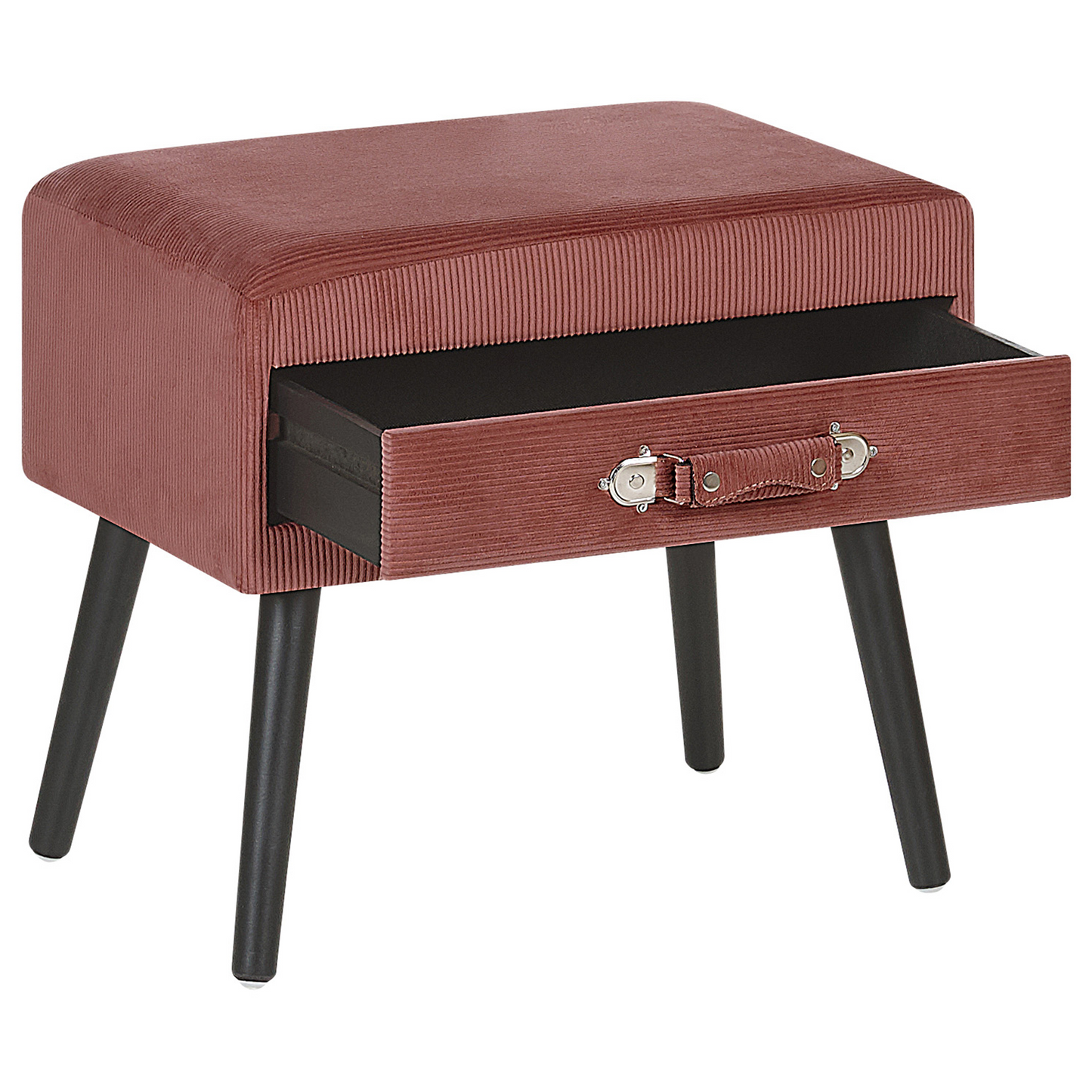 Side Table With Storage Pink Corduroy Upholstery Black Legs 46 X 50 X 35cm Suitcase Handle