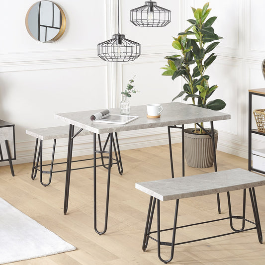 Dining Set Gray And Black Marble Veneer Top With 2 Benches