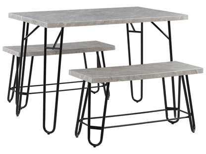 Dining Set Gray And Black Marble Veneer Top With 2 Benches