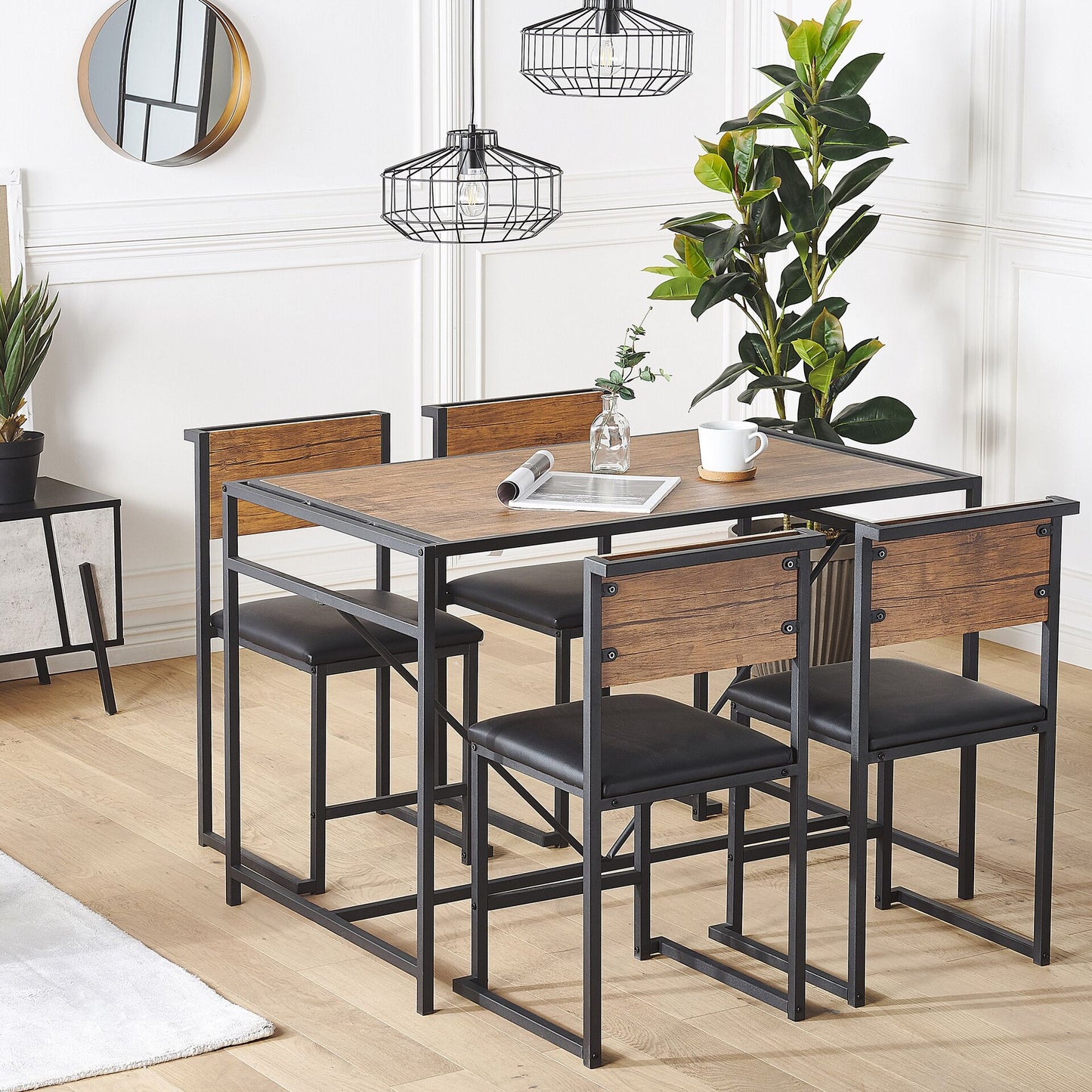 Modern Industrial Dining Set 110 x 70cm Dark Brown Top With Black Steel Legs 4 Upholstered Chairs